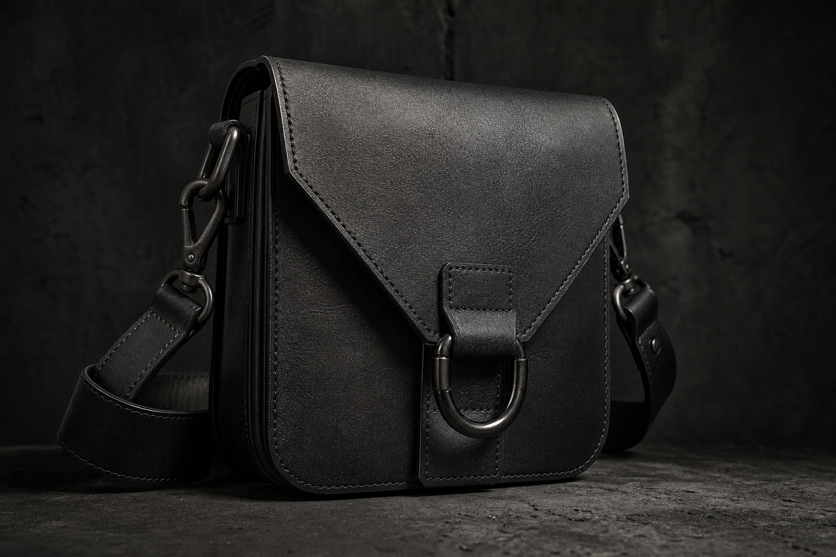 The Brazen Vault Crossbody in Blackened Steel, three-quarter front view. Interim render — pending real photography.