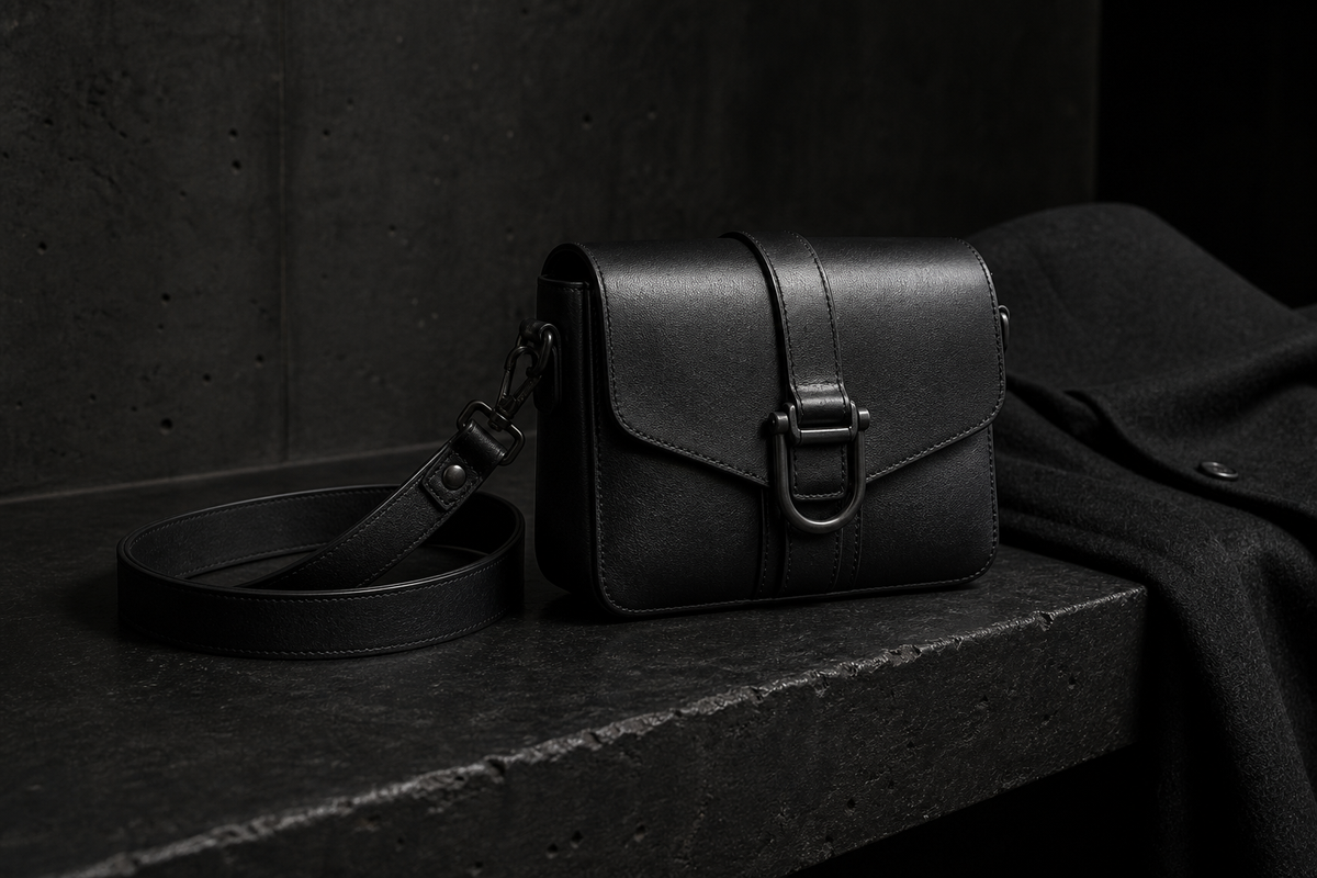 The Brazen Vault Crossbody in Blackened Steel with strap arranged for scale. Interim render — pending real photography.