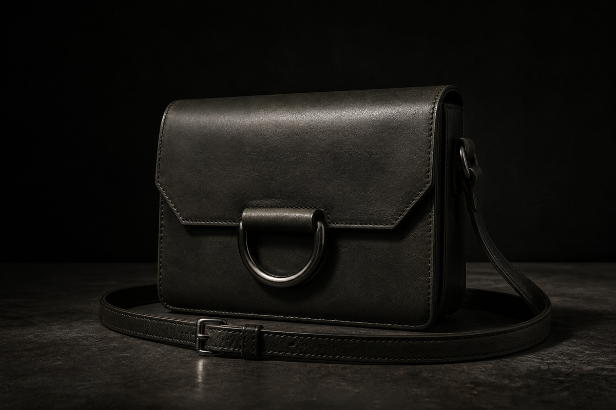 The Brazen Vault Crossbody in Blackened Steel, three-quarter view. Interim render — pending real photography.