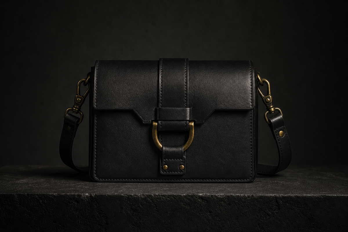 The Brazen Vault Crossbody in Burnished Brass, front closed view. Interim render — pending real photography.