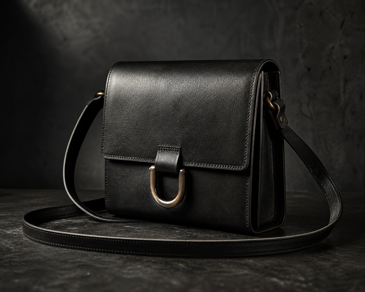 The Brazen Vault Crossbody in Burnished Brass, three-quarter view. Interim render — pending real photography.
