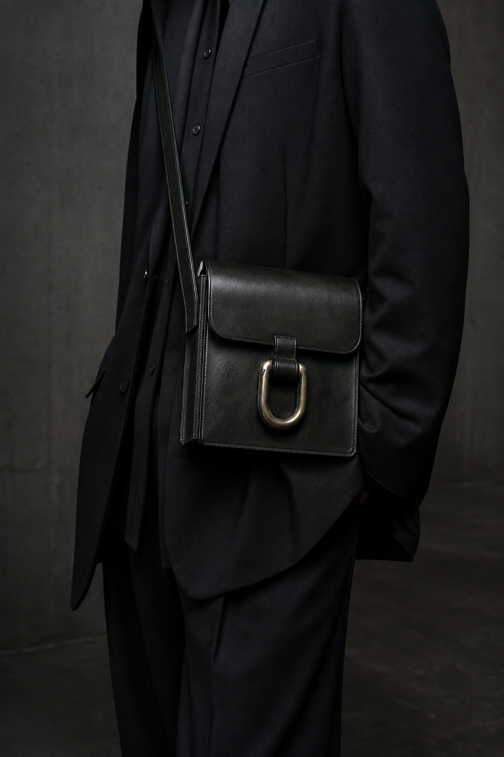 The Brazen Vault Crossbody worn at the hip for scale. Interim render — pending real photography.