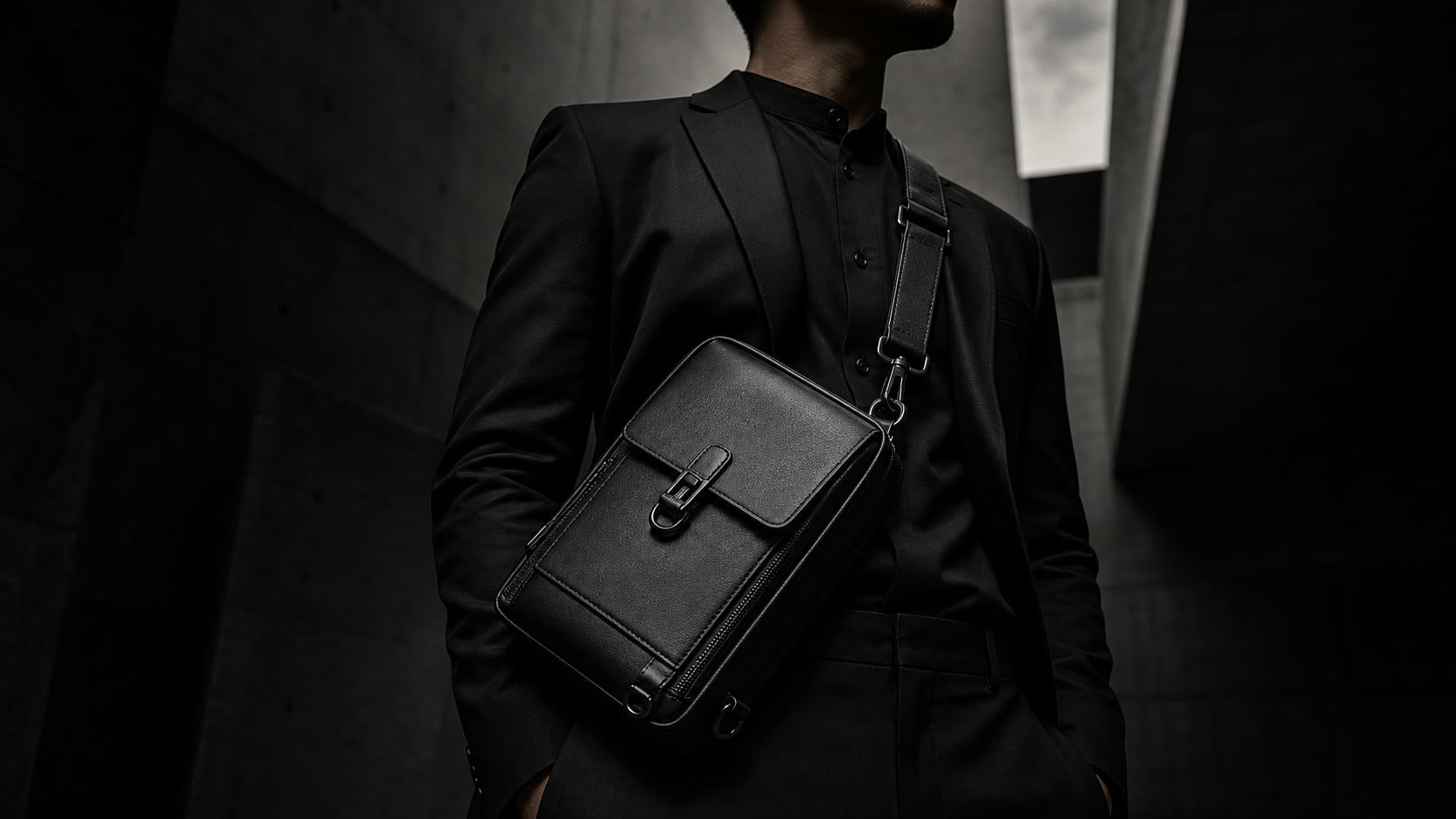 AI-generated campaign visual of a black leather crossbody in a dark architectural setting; final photography pending physical sample approval